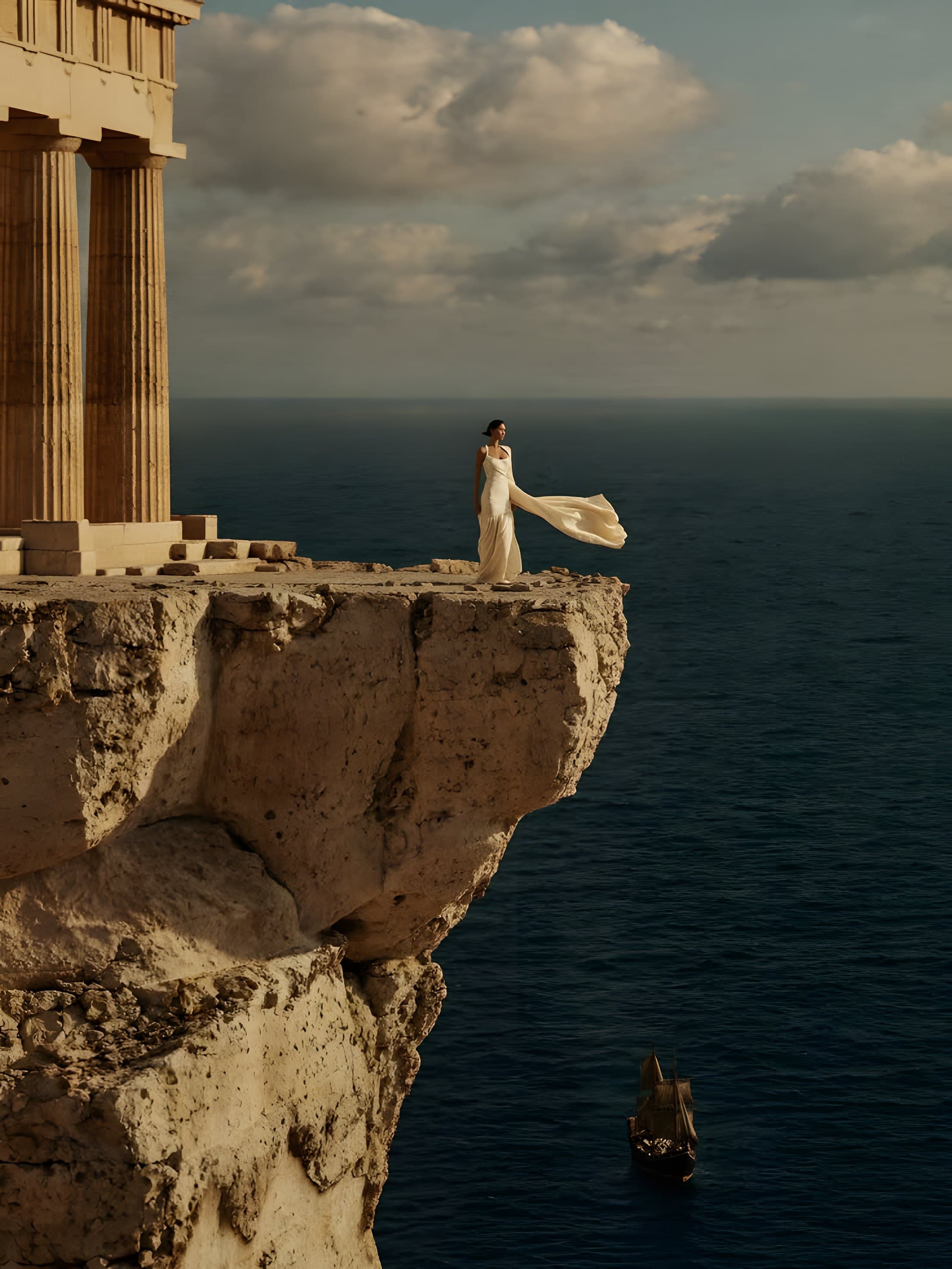 A woman in a flowing white gown stands on a cliff edge beside a temple, above the open sea
