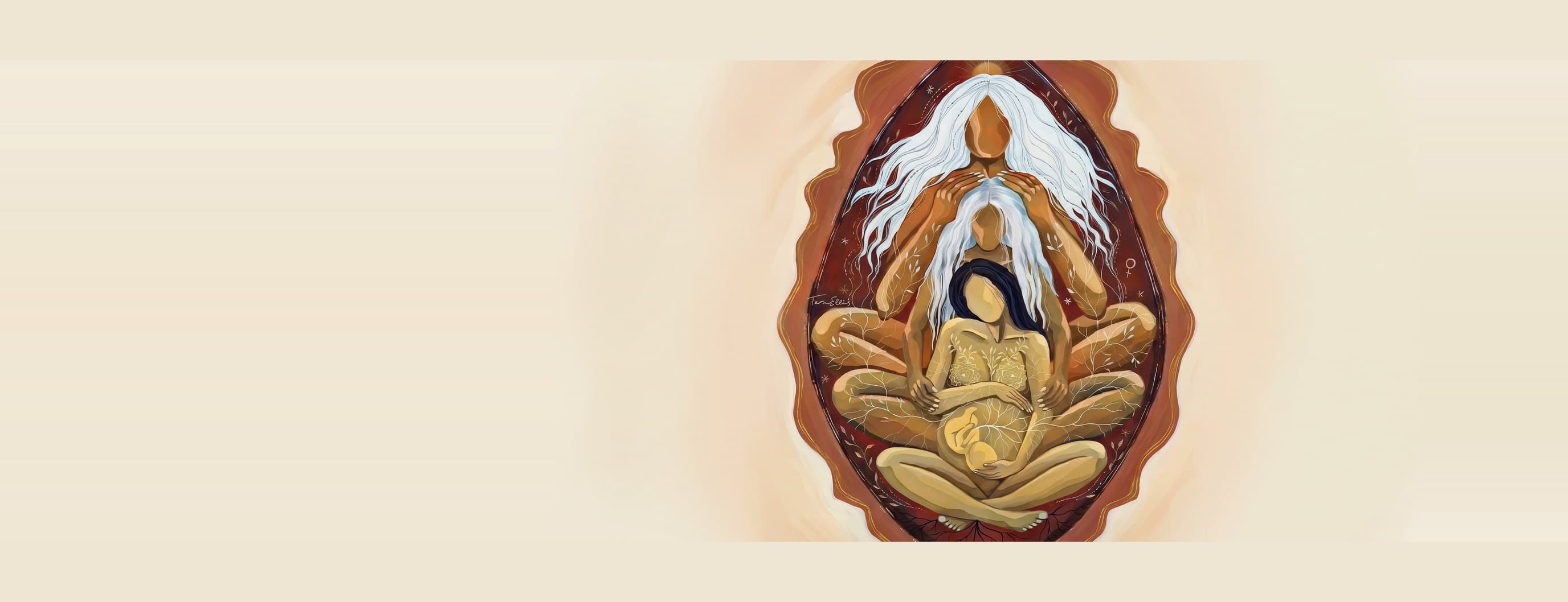 A painting of four generations of women nested one inside the other within a deep red almond, the eldest with long white hair above and an unborn child curled in the belly of the woman at the centre