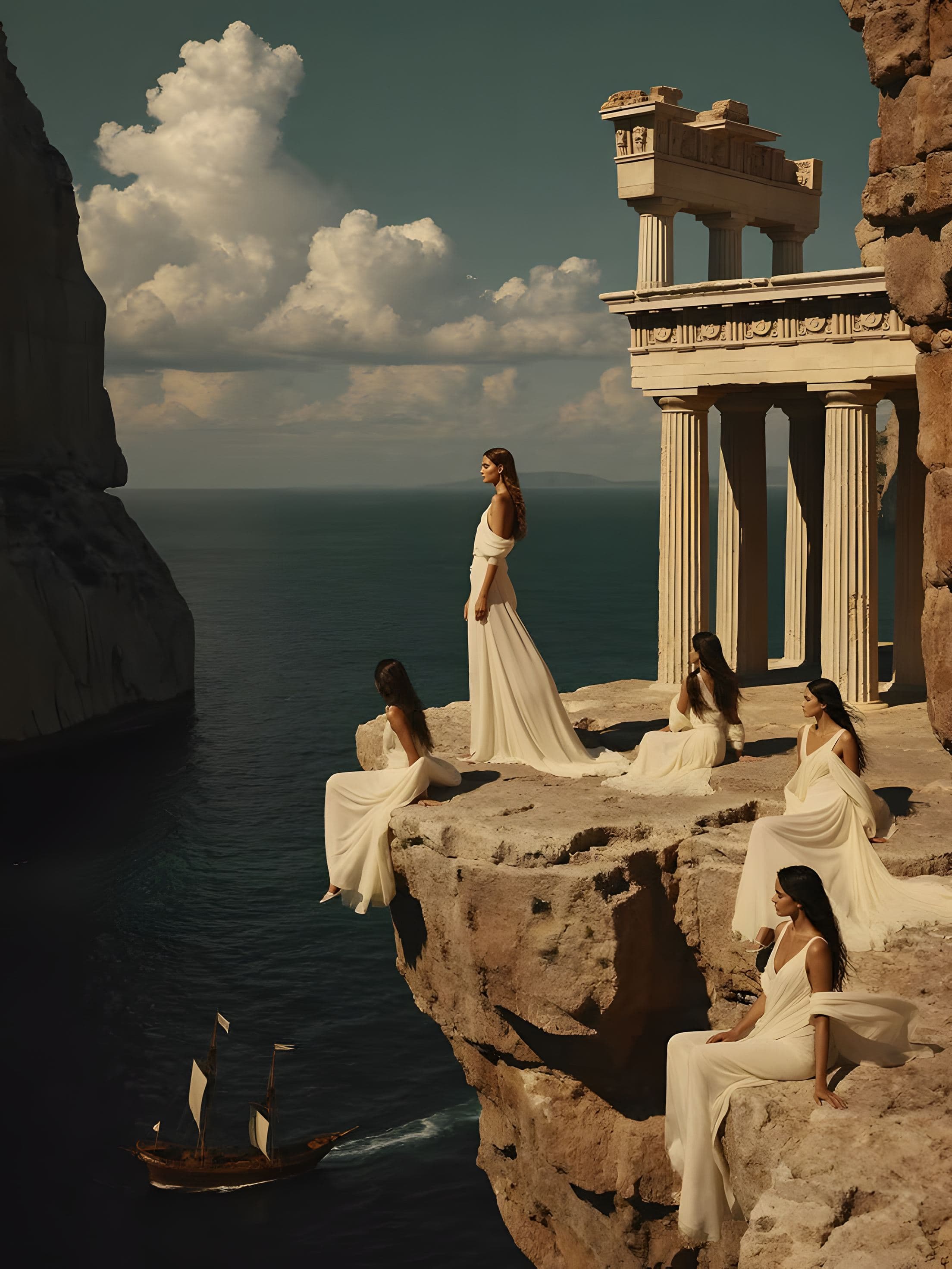 Women in white gowns rest on a cliff beside a Greek temple, above the open sea and a small sailing ship