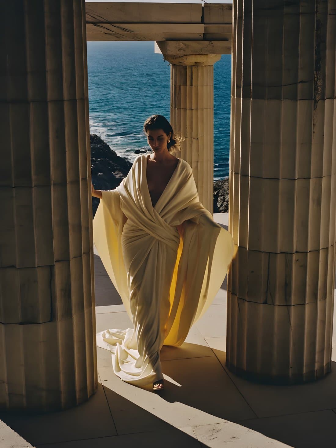 A woman in a flowing cream robe walking between tall stone columns, the sea behind her
