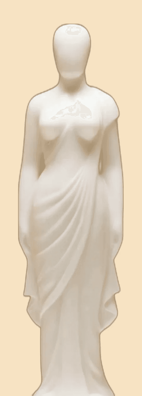 An alabaster sculpture of a standing draped woman, turning slowly