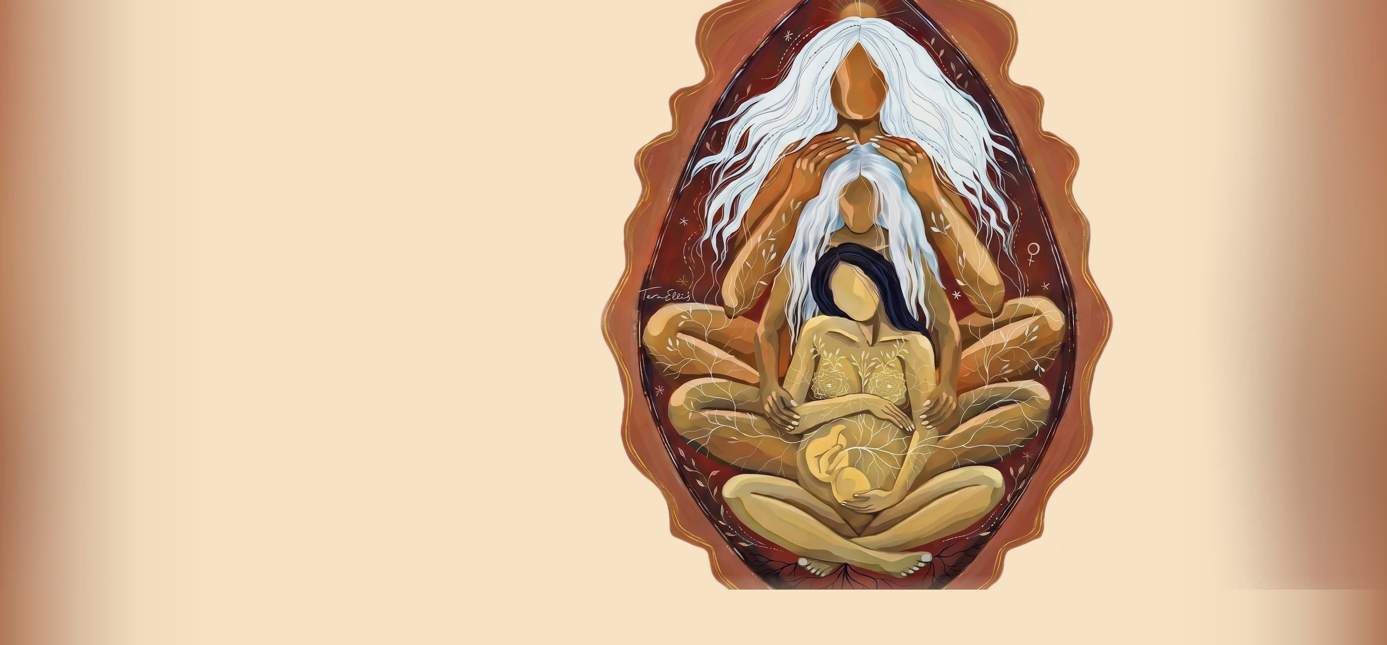 A painting of four generations of women nested one inside the other within a deep red almond, the eldest with long white hair above and an unborn child curled in the belly of the woman at the centre