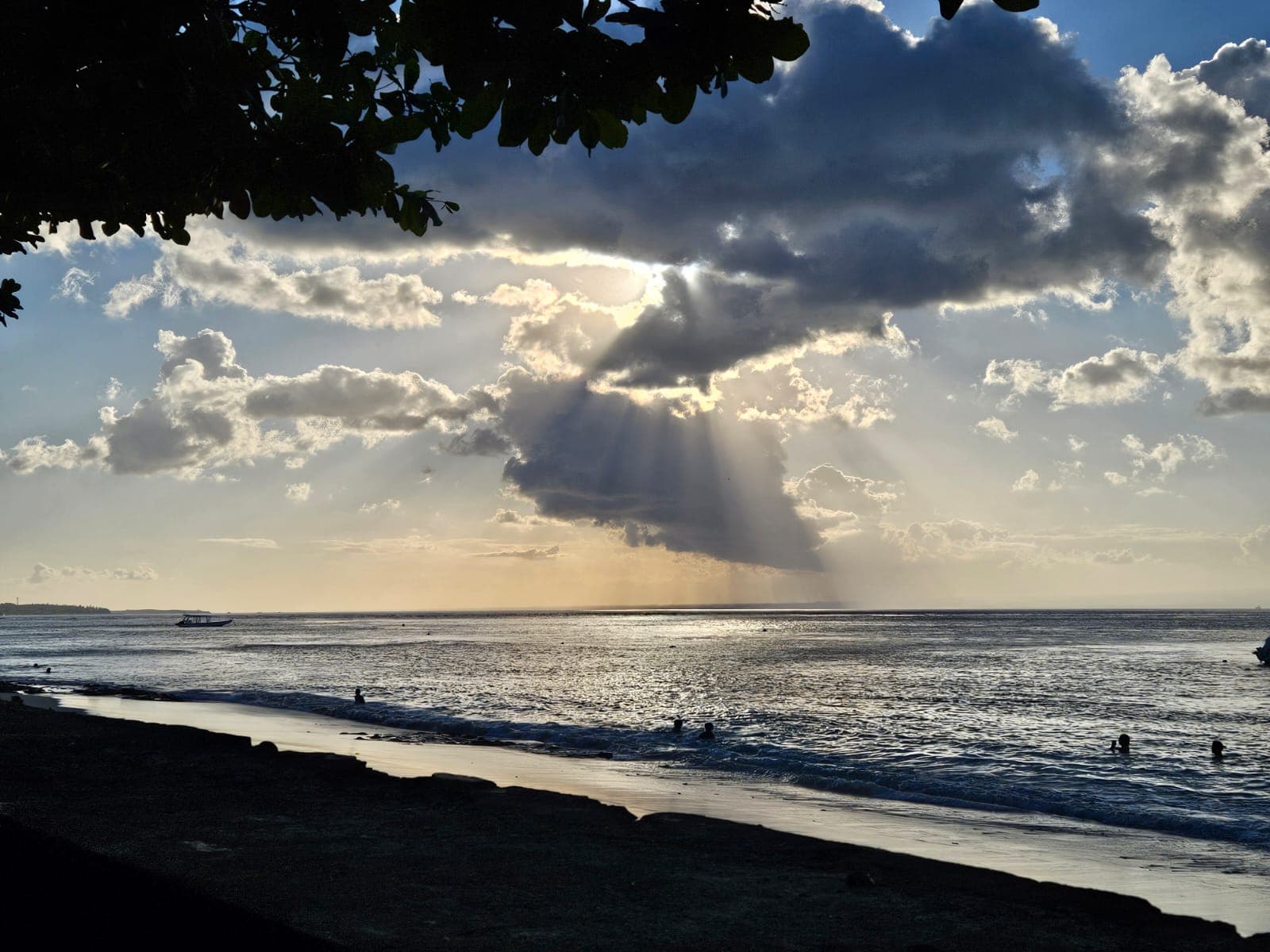 Sunbeams breaking through clouds over the ocean, framed by tree branches